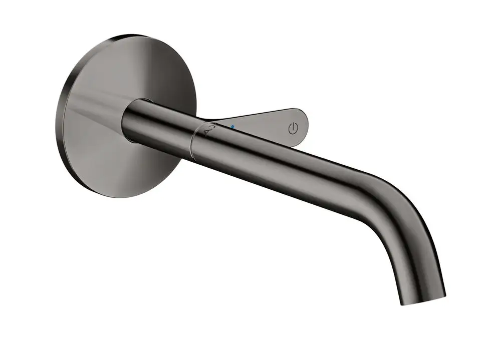 AXOR Waschtischmischer Unterputz für Wandmontage mit gebogenem Auslauf und Steuerung, in Polished Black Chrome, an runder Wandplatte montiert.